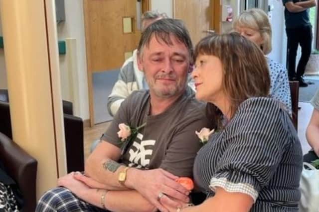 Sheffield cancer patient Paul Johnson’s dream of getting married has come true – with a hospital wedding arranged by Northern General Hospital staff. He is pictured at the wedding with bride Lise.