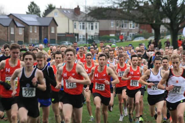 Hallamshire Harriers, start of the men's race. start and one of Euan Patton on the way to winning the U17 boys.