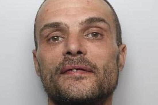 Pictured is Darren Mansell, aged 38, of Binsted Road, near Southey Green, Sheffield, who was sentenced at Sheffield Crown Court to 16 months of custody and disqualified from driving for three years and eight months after he pleaded guilty to dangerous driving, aggravated vehicle taking and damaging a vehicle, driving while disqualified and driving a vehicle while over the legal limit for cocaine after a police pursuit.