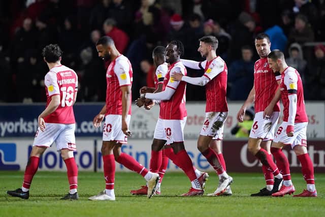 Rotherham United'ss Freddie Ladapo (third left) celebrates scoring their side's second goal of the game against Morecambe. Zac Goodwin/PA Wire.