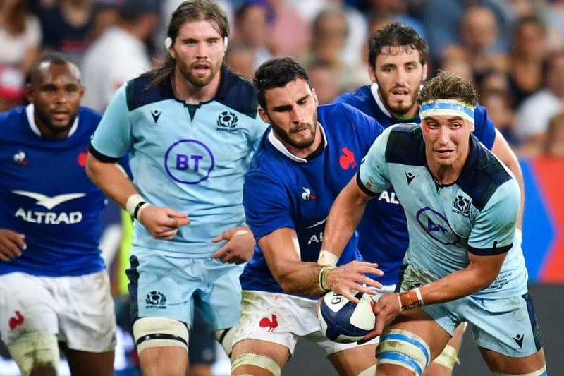August 17, 2019, summer test: France 32, Scotland 3
This world cup warm-up in Nice was far from nice for the visitors as a penalty by Adam Hastings was their only response to France’s five tries.
Here Jamie Ritchie runs with the ball as Charles Ollivon attempts to tackle him at the Allianz Riviera Stadium in Nice. (Photo by Pascal Guyot/AFP via Getty Images)