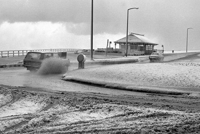 Even the seafront saw the snow near the Seaburn Hotel in February 1979 and motorists were being warned to take extra care as strong winds and the high sea were expected to lead to floods.