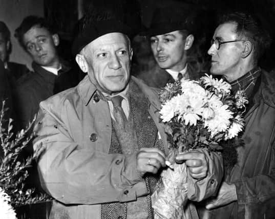Pablo Picasso arriving at Sheffield Midland Station in 1950 for the World Peace Congress