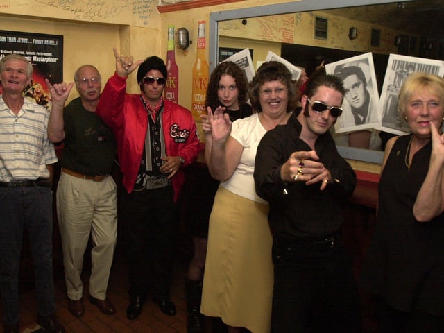 An Elvis tribute night at Under the Boardwalk. Fans and lookalikes are, from left, Steve Cutforth, Brian Froggatt, John Burrows, Becky Selwood, Brenda Cutforth, Ed Kelly and Carole Froggatt