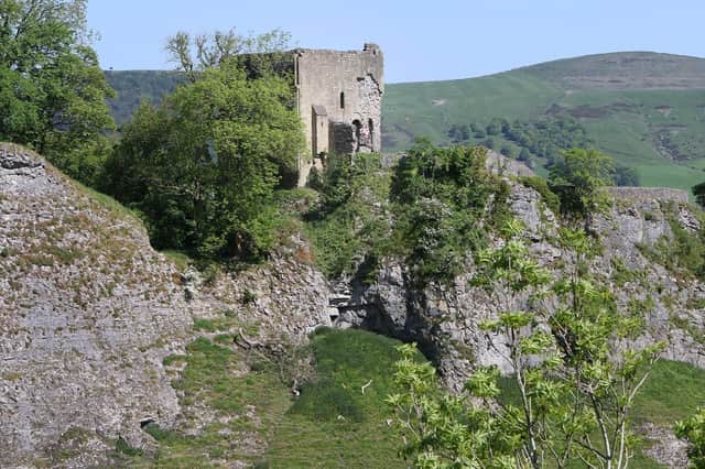 Peveril Castle at Castleton, next to the Peak Cavern lead mine, which overlooks the Joule Yard cemetery