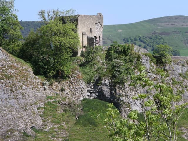 Peveril Castle at Castleton, next to the Peak Cavern lead mine, which overlooks the Joule Yard cemetery