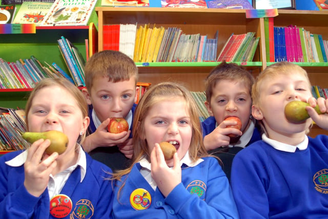 Pupils at Park Junior school Shirebrook in 2008 made sure they got a healthy balanced diet as they tucked into a different piece of fruit each day as part of the schools Healthy lifestyles project, Children are encouraged at lunch time to eat healthily and are rewarded with healthy eating stickers by the Dinner supervisors.