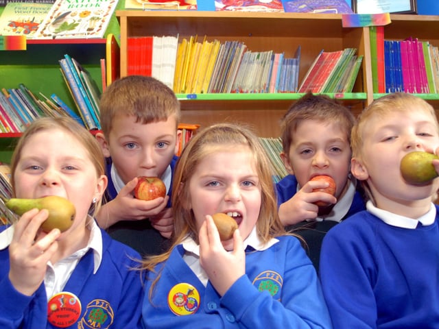 Pupils at Park Junior school Shirebrook in 2008 made sure they got a healthy balanced diet as they tucked into a different piece of fruit each day as part of the schools Healthy lifestyles project, Children are encouraged at lunch time to eat healthily and are rewarded with healthy eating stickers by the Dinner supervisors.