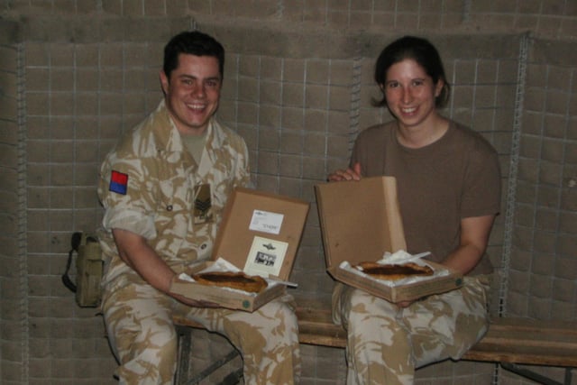 Capt Pam Sheldon and Sgt Steve Sinclair with a Bakewell pudding in 2008