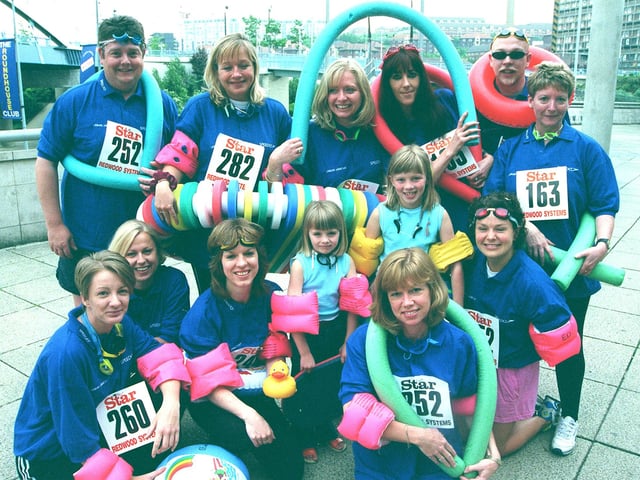Pictured at the Ponds Forge Leisure centre, where Staff from Sheffield International Venues are taking part in the Star Walk with a 30 strong team. Seen are some of the walkers who will walk wearing swimming floats and armbands in 1999