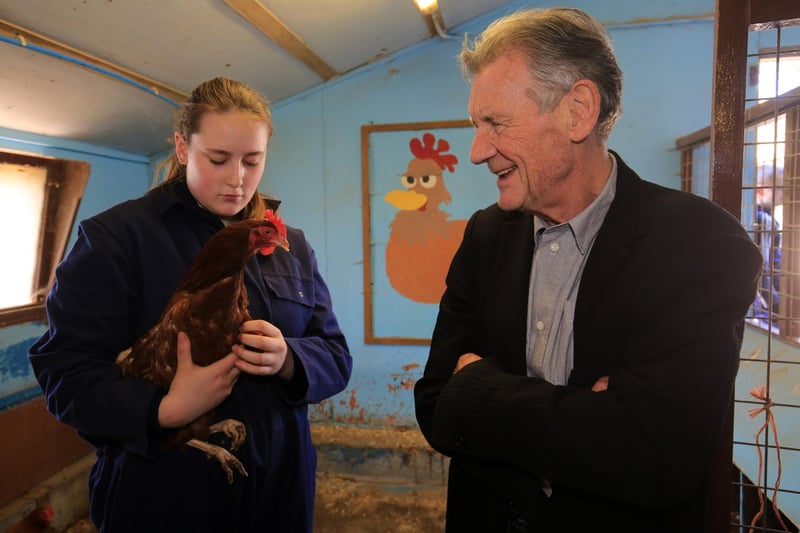 Michael Palin visiting Whirlow Hall Farm, where he is a patron, during their 40th anniversary year in 2019