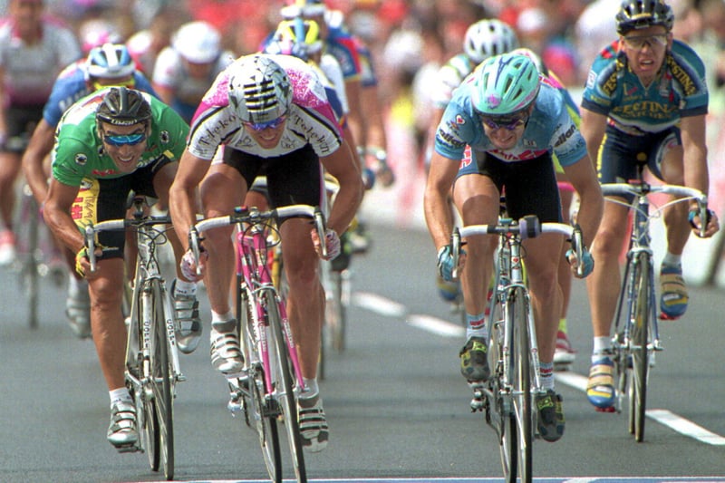 Nicola Minali, middle-right, spirts to victory ahead of Olaf Ludwig of Germany and Silvio Martinello, in Portsmouth during Stage 5 of the Tour de France in 1994. Picture: Pascal Rondeau/ALLSPORT/ Getty Images
