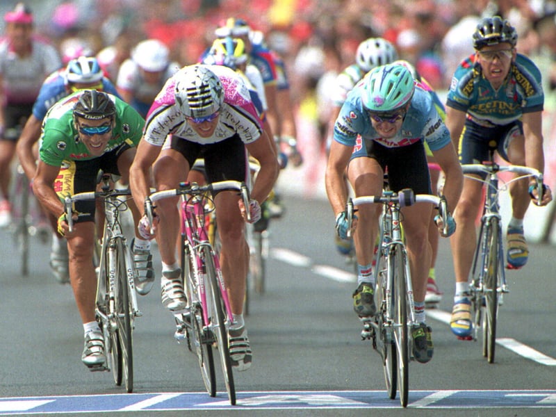 Nicola Minali, middle-right, spirts to victory ahead of Olaf Ludwig of Germany and Silvio Martinello, in Portsmouth during Stage 5 of the Tour de France in 1994. Picture: Pascal Rondeau/ALLSPORT/ Getty Images