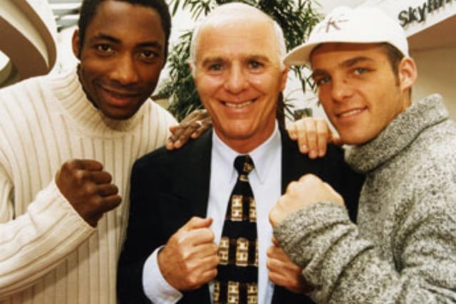 Boxers Johnny Nelson (left) and Ryan Rhodes (right) with trainer Brendan Ingle in November 1996