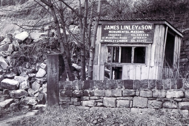 The James Linley & Son stonemason's cabin on Loxley Road, Sheffield , January 1987