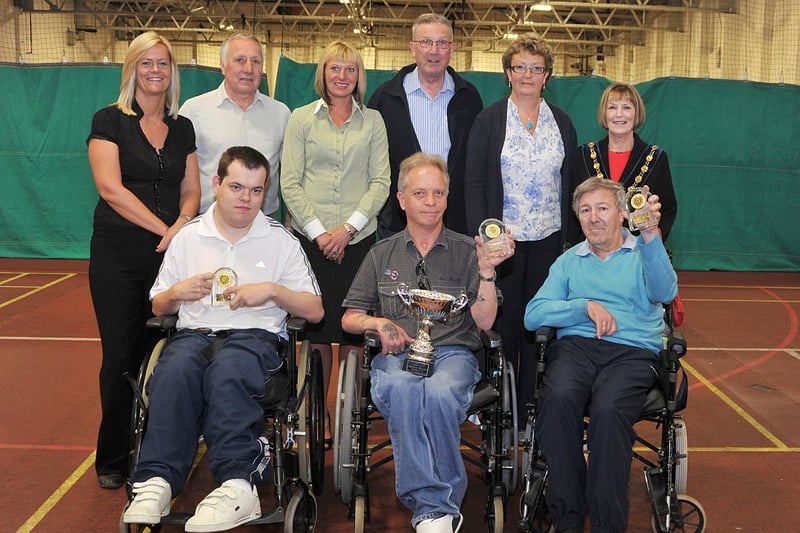 Boccia League presentation. Overall winners Eastgate Rollers pictured from left Debbie Barthorpe, John Dodd, Michelle Oldale, Boccia league orgnaiser, Dave and Chris Bloomer, sponsors and Coun Helen Colton.