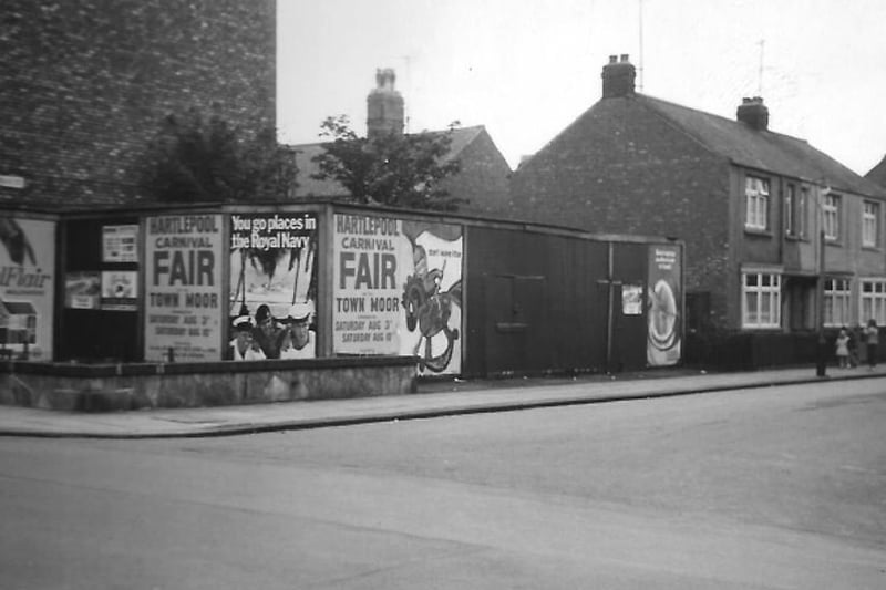 A 1968 view of the street showing adverts for the Carnival on The Town Moor, and another for The Royal Navy. Photo: Hartlepool Library Service.