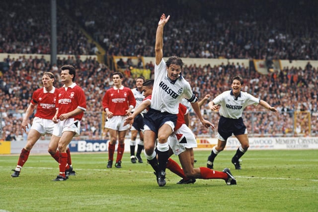 Nigel Clough (centre) watches as Des Walker turns the ball into own net during Forest's 1991 FA Cup final defeat to Spurs. It was a competition which Clough would never win.