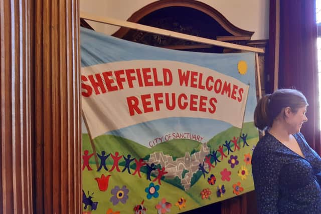 A Sheffield City of Sanctuary banner on display at a Celebrating Diversity event held in Sheffield Town Hall