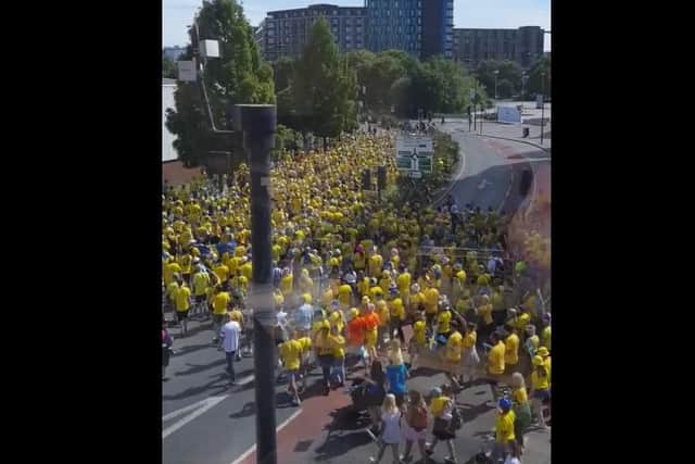 Aerial picture shows Euro 2022 fans heading off to the match at Bramall Lane
