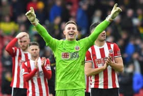 Sheffield United goalkeeper Dean Henderson celebrates a victory at Bramall Lane. Anthony Devlin/PA Wire.