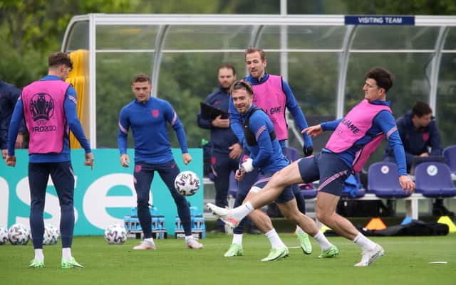John Stones, Kieran Trippier, Jack Grealish, Harry Kane and Harry Maguire during a training session at Hotspur Way Training Ground, London.  Nick Potts/PA Wire.