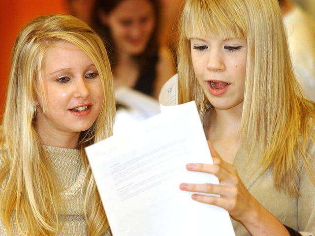 Tapton School A level results day 2004. Wendy Herbert and Laura Hopkins, both 17, look at their results.