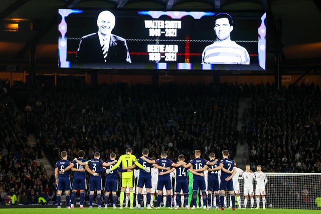 A minutes silence is held in memory of Walter Smith and Bertie Auld as Scotland host Denmark at Hampden Park, on November 15, 2021, in Glasgow, Scotland.