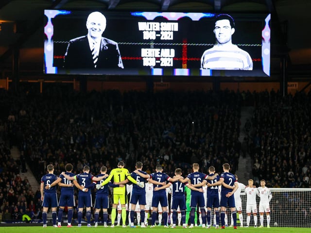 A minutes silence is held in memory of Walter Smith and Bertie Auld as Scotland host Denmark at Hampden Park, on November 15, 2021, in Glasgow, Scotland.