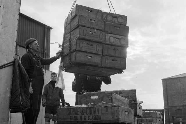 Fish in boxes being loaded into a fridge-fitted van in Granton harbour in 1967.