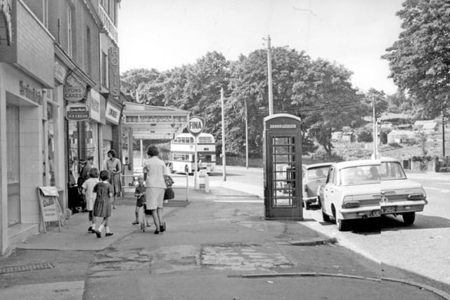 Ecclesall Road South in August 1965, showing J.W. Rose bakers and Ecclesall Service Station