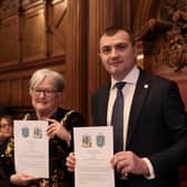 Sheffield Lord Mayor Sioned-Mair Richards and Oleksandr Symchyshyn, mayor of Khmelnytskyi signing the official twinning of their two cities in Sheffield Town Hall. Picture: Cllr Joe Otten