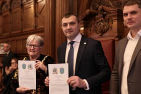 Sheffield Lord Mayor Sioned-Mair Richards and Oleksandr Symchyshyn, mayor of Khmelnytskyi signing the official twinning of their two cities in Sheffield Town Hall. Picture: Cllr Joe Otten