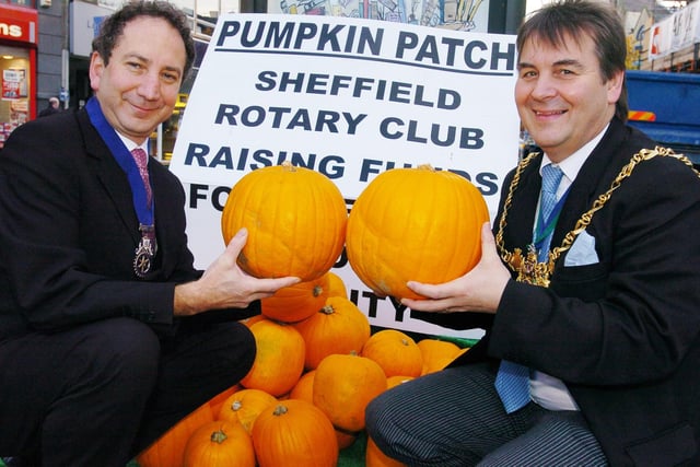 Rotary Club Vice President, David Pollard and Lord Mayor, Cllr Roger Davison launch the annual Pumpkin Patch in fargate to raise funds for the Lord Mayors Charity in 2005