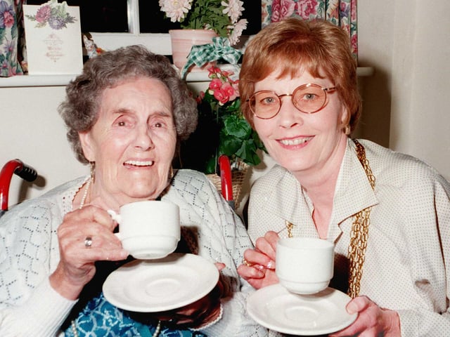 At Owston Court Lodge Owston Village residential home in 1998 where 100 yrs old Mrs Emma Law takes tea with the Mayor of Doncaster Cllr Yvonne Woodcock