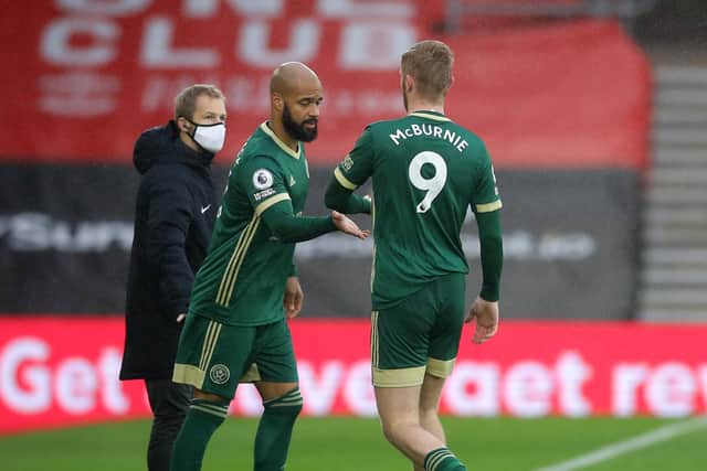 David McGoldrick comes on for Sheffield United, when Oli McBurnie was unable to continue against Southampton: David Klein/Sportimage