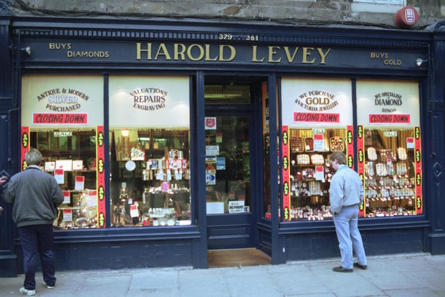 Exterior of Harold Levey jewellers shop in Edinburgh's High Street, having a closing down sale after 33 years in business due to a drop in sales. Picture taken December 1990.
