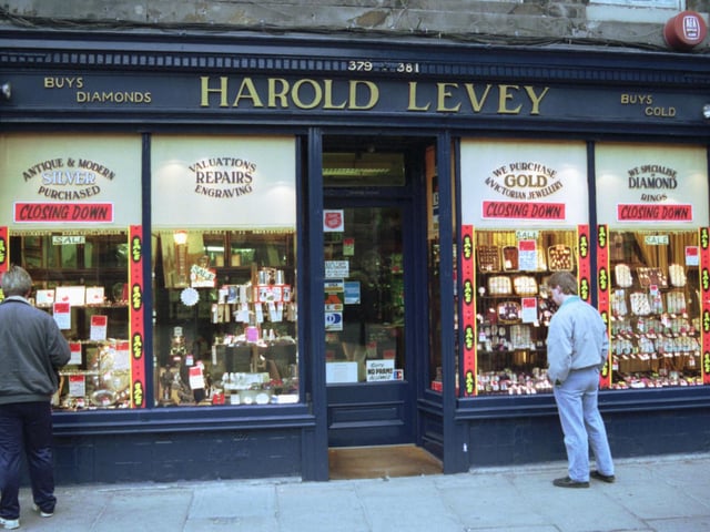 Exterior of Harold Levey jewellers shop in Edinburgh's High Street, having a closing down sale after 33 years in business due to a drop in sales. Picture taken December 1990.