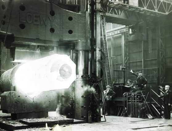 Steelmaking at Hadfield's - A 35 ton ingot under the 2700 ton press being forged at Hadfield's East Hecla Works, Sheffield, in 1955