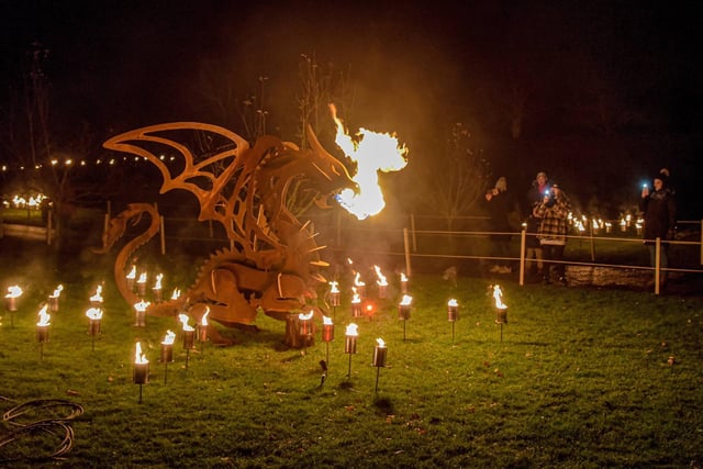 Dragons bring fire to the hour-long discovery trail .