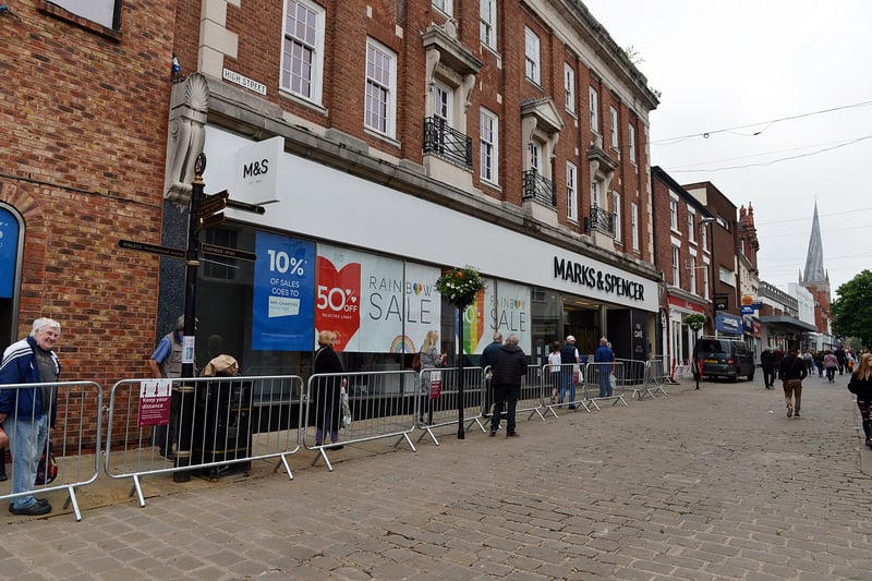 Shoppers queueing to enter Marks and Spencer in Chesterfield after lockdown measures are eased in June 2020.