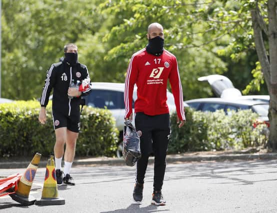 David McGoldrick of Sheffield Utd (r) and Kieron Freeman of Sheffield Utd (l) return to training as part of the Premier Leagues project restart at the Steelphalt Academy, Sheffield. Picture date: 22nd May 2020. Picture credit should read: Simon Bellis/Sportimage