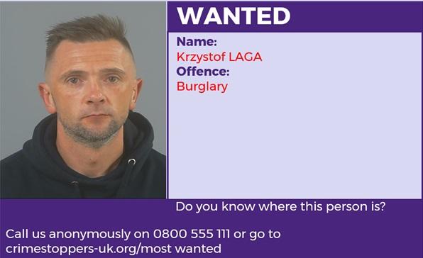 Krzystof Laga is wanted in connection with a burglary. The crime happened in the New Forest.