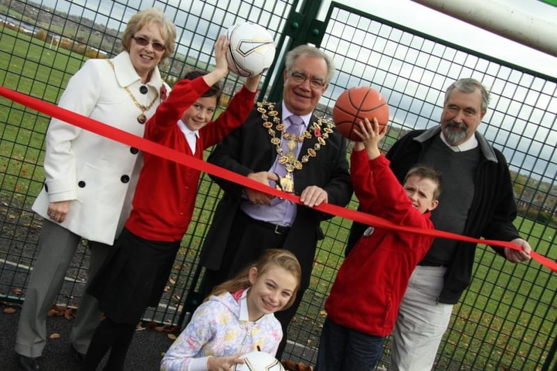 Pupils from Highfield Hall Junior School welcome the opening of a new games area at Highfield Park, Newbold, in 2010.