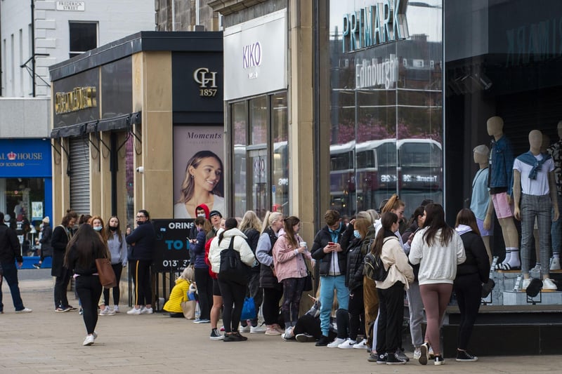 Queues outside shops in the Capital are a common sight today as restrictions on non-essential retail lift across Scotland. Keen customers were pictured queuing outside Primark in Princes Street this morning.