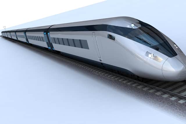 Computer-generated visuals of a high speed train. HS2.