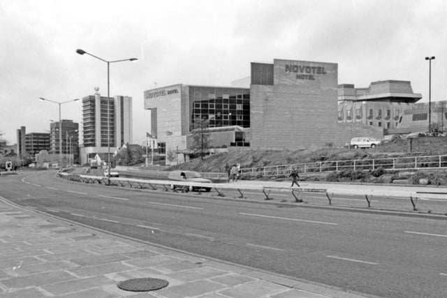 Arundel Gate, Sheffield, showing the Novotel Hotel, with the Town Hall extension, known as the Egg Box, in the background, in October 1995.