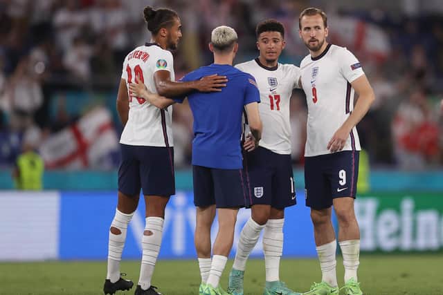 England's Dominic Calvert-Lewin, Phil Foden, Jadon Sancho and Harry Kane of England after the UEFA Euro 2020 Championship Quarter-final win over Ukraine at Stadio Olimpico. (Photo by Lars Baron/Getty Images)
