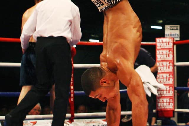 Brook somersaults after winning his fight against David Kirk in December 2006 with a first-round stoppage. Photo: Adrian DennisAFP via Getty Images.