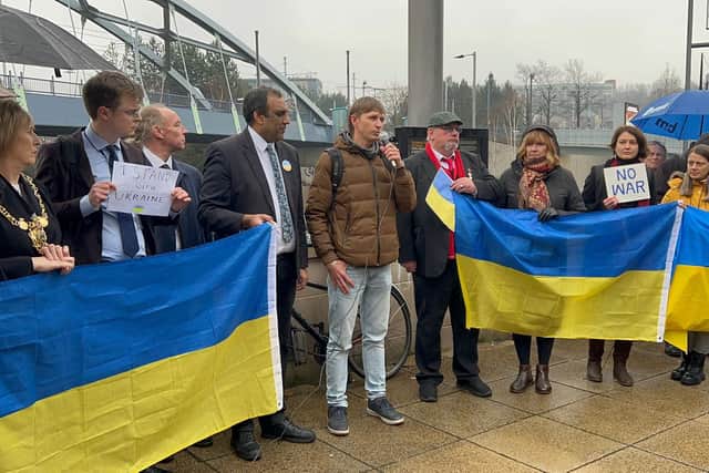 Sheffield councillors gathered outside Ponds Forge with flags and sunflowers ahead of a full council meeting to show solidarity with Ukraine amid Russia's invasion.